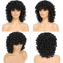 Afro Kinky Curly Wig ShortSynthetic With Bangs Black Bug Cheap Hair Halloween Heat Resistant Fiber For Africa America Women - Multicolor - View 8