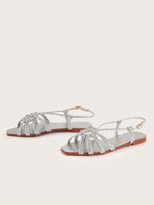 Silver Handmade Woven Strap Fashion Women's Flat Sandals, Random Woven Pattern - Silver - View 2