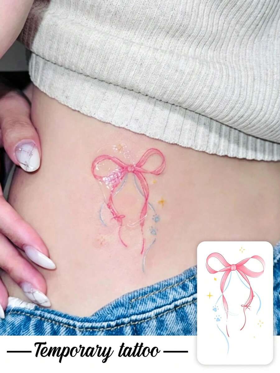 1件裝柔美少女風粉藍流蘇蝴蝶結星星爪印長款臨時紋身貼,假紋身,適用於單身派對伴手禮、音樂節、遊戲與畢業禮物,可維持3-5天 - 彩色 - 查看 1
