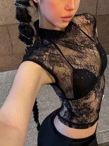 Top Dazzle Chic 女款透視蕾絲立領襯衫，常規袖，微彈力修身顯身材 - 黑色 - 查看 3