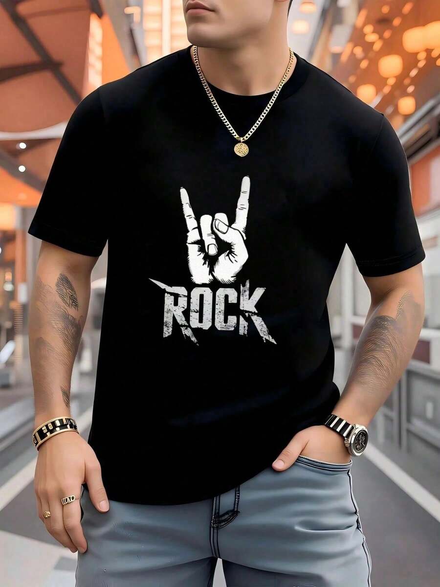 100% Men's Rock On Hand Graphic Print T-Shirt, Classic Grunge Style Distressed Typography Design, Casual Cool Atmosphere Streetwear, Soft Comfortable - Negro - Ver 1