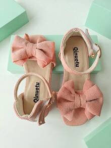1 Pair 026 New Girls' High Heel Slippers, Casual Sweet Style, Rhinestone Trim Mesh Bow Decor, Ankle Buckle Slippers, Chunky Heel Gentle Fairy Style, Spring/Summer Versatile Dress Shoes - Pink - View 2