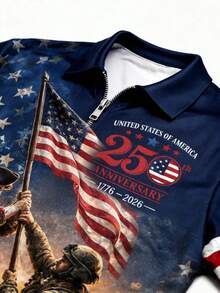 男士夏季通勤百搭舒適 USA 250週年 Liberty Memorial 印花半拉鍊 Polo 衫，日愛國風短袖上衣 - 彩色 - 查看 4