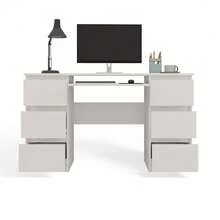 1 Piece Minimalist Double Chest Drawer Writing Desk, 130cm Wide Matte White Tabletop With Pull-Out Keyboard Tray, 3 Drawers On Both Sides Large Storage Space, For Bedroom Study Office, Computer Table, Makeup Vanity, Student Workbench - meja - View 3