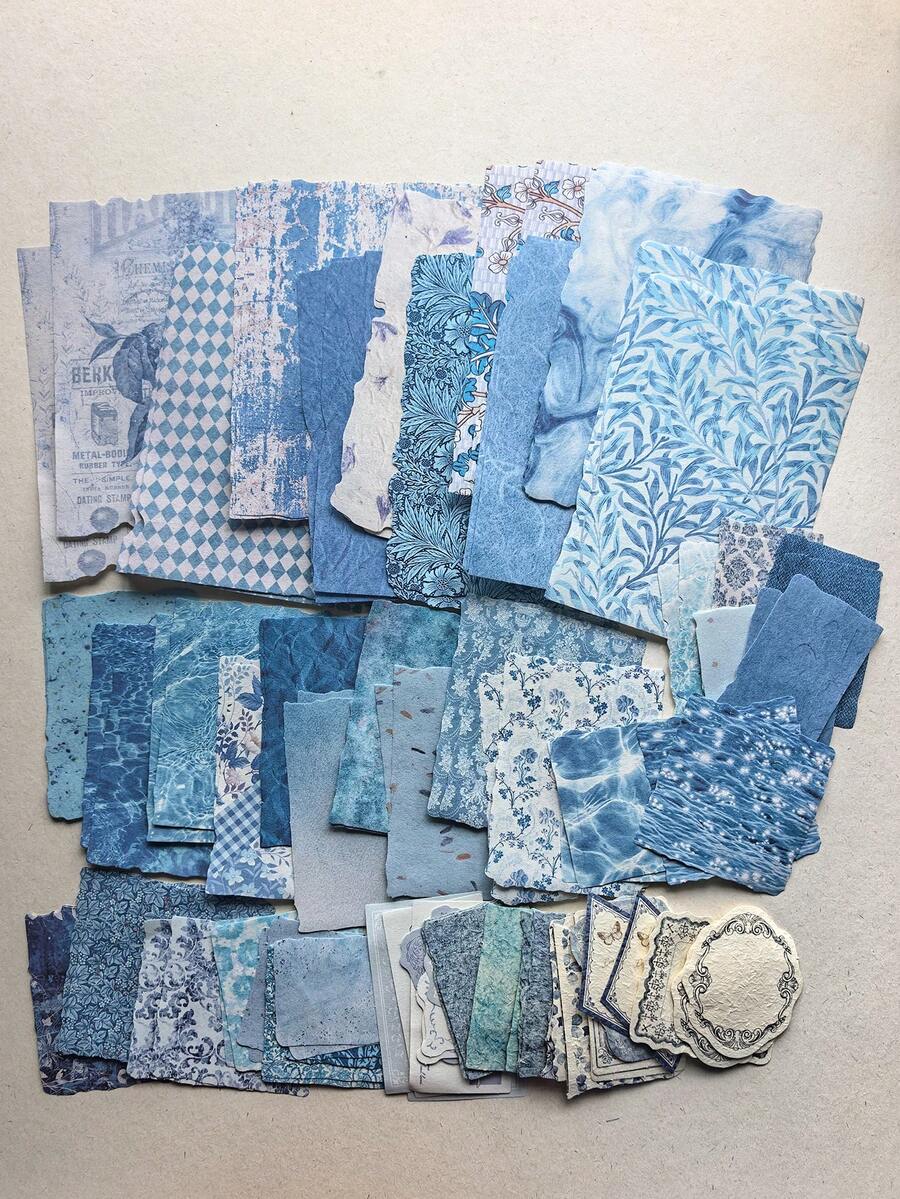 1 Pack 100 Sheets Writable Vintage Scrapbook Material Paper Blue Floral Plaid Pattern Scrapbook Collage Background Decorative Material Pack - BQ1051 - View 1