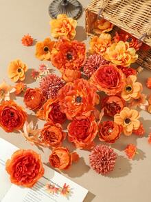 50PCS/100PCS Orange Tone Mixed Artificial Flower Head Set, Autumn Artificial Flower Head Wall Decoration, Suitable For Autumn Decor, Room Decor, Wedding Decor, Home Decor, Tabletop Wall Decor, Garden Decoration, Floral Arrangement Craft, Holiday Gift Choice - Orange - View 7