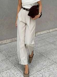 Pantalon long décontracté pour femmes LIly House, pantalon court taille haute plissé fuselé beige, élégant décontracté pour l'été, le bureau, les déplacements et les sorties en plein air - Couleur abricot pâle - Voir 11