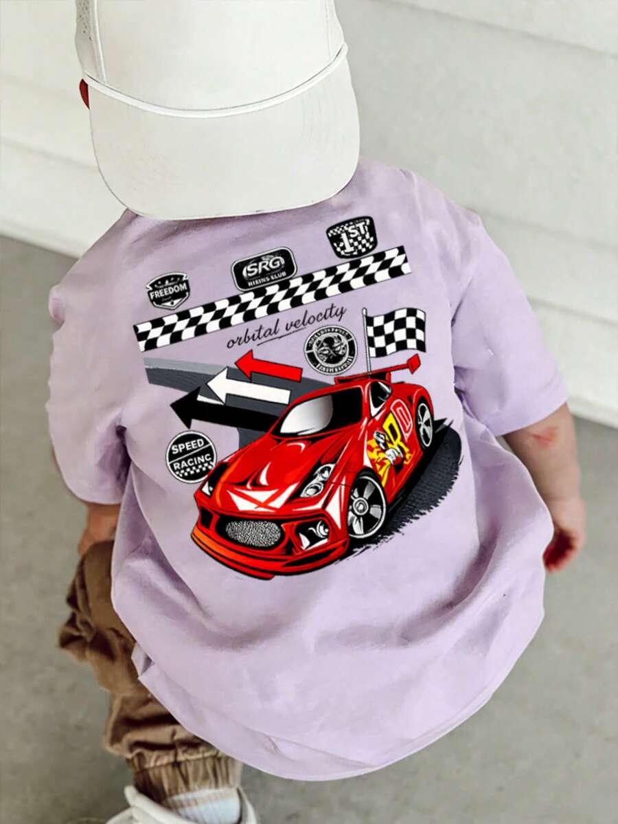 Kaos Bayi Laki-laki Motif Mobil Balap, Kaos Kasual Lengan Pendek Kerah Bulat untuk Bayi Laki-laki - Mauve Purple - View 1