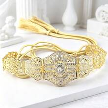 1pc Women Statement Wide Gold Color Waist Belt, Hollow Carved Metal Filigree With Rhinestone, Tassel Drawstring Waistband Accessory For Kaftan - Metal Belt - View 10