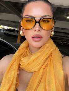 1pc Women's Fashion Double Bridge Retro Aviator Glasses, Suitable For Daily Wear, Beach, Vacation - Yellow - View 1