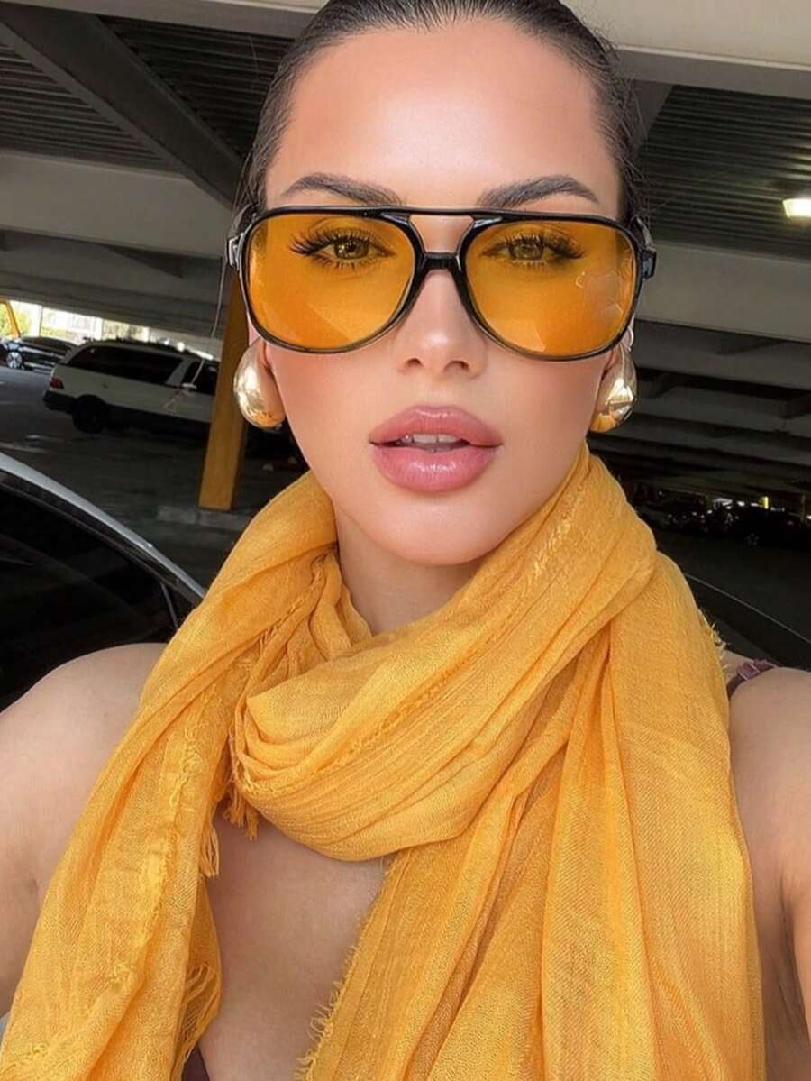 1pc Women's Fashion Double Bridge Retro Aviator Glasses, Suitable For Daily Wear, Beach, Vacation - Yellow - View 1