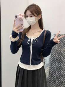 Atasan Kaos Dalaman Lengan Panjang Motif Patchwork Blok Warna untuk Wanita di Awal Musim Gugur - Navy Blue - View 2