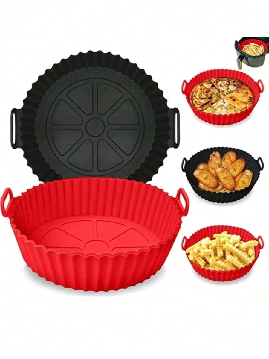 1pc 22*7.5cm Reusable Silicone Air Fryer Liner, Non-Stick Wavy Edge With Handle Air Fryer Basket Liner, Heat-Resistant Silicone Pot, Suitable For Baking Roasted Chicken, Easy To Clean Kitchen Cooking Accessory, Air Fryer Paper Liner - Multicolor - View 1