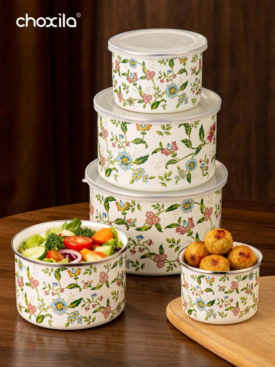 choxila 3/5pcs Nested Storage Bowl Set With Lids, Mixing Bowl Set, Floral Print Enamel Ice Cream Salad Vegetable Prep Bowls, Metal Prep Bowls, Suitable For Baking, Meal Prep, Cooking And Food Serving - View 1