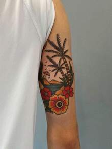 1 Sheet Men's Old School Tropical Beach Temporary Tattoo Stickers, Color Palm Tree Hibiscus Ocean Island Peach Retro Traditional Waterproof Large Body Stickers For Arm Chest Rib Shoulder Decor - Multicolor - View 4