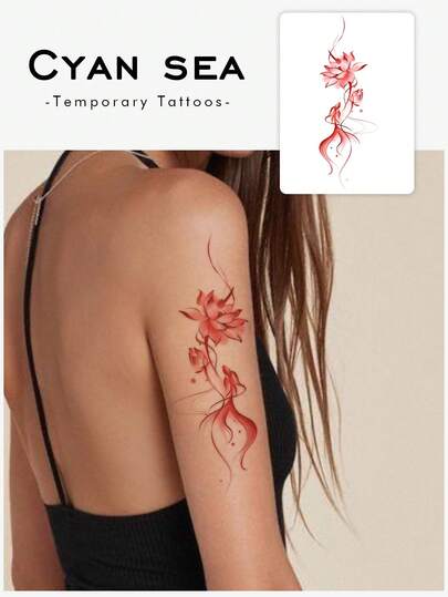 1 Peça Tatuagem Temporária Longa Minimalista Elegante de Lótus Vermelho & Carpa em Névoa Suave, Nova Tatuagem Falsa para Lembrancinhas de Despedida de Solteira, Festivais de Música, Jogos & Presentes de Formatura, Dura 3-5 Dias