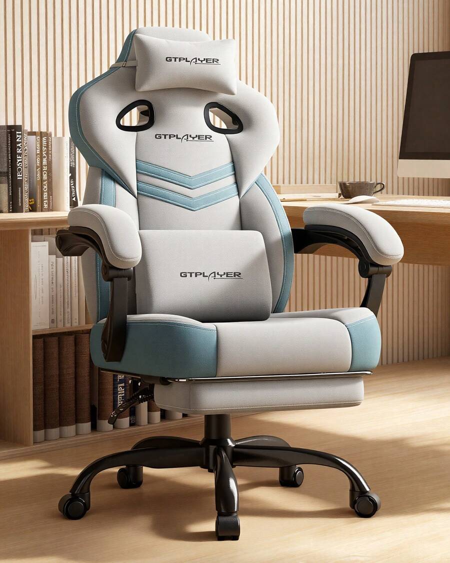 Fabric Gaming Chair With Footrest, Ergonomic Computer Desk Chair With Pocket Spring Cushion Home Office High Back Support Lumbar Support Heavy Duty Wide - Grey - View 1