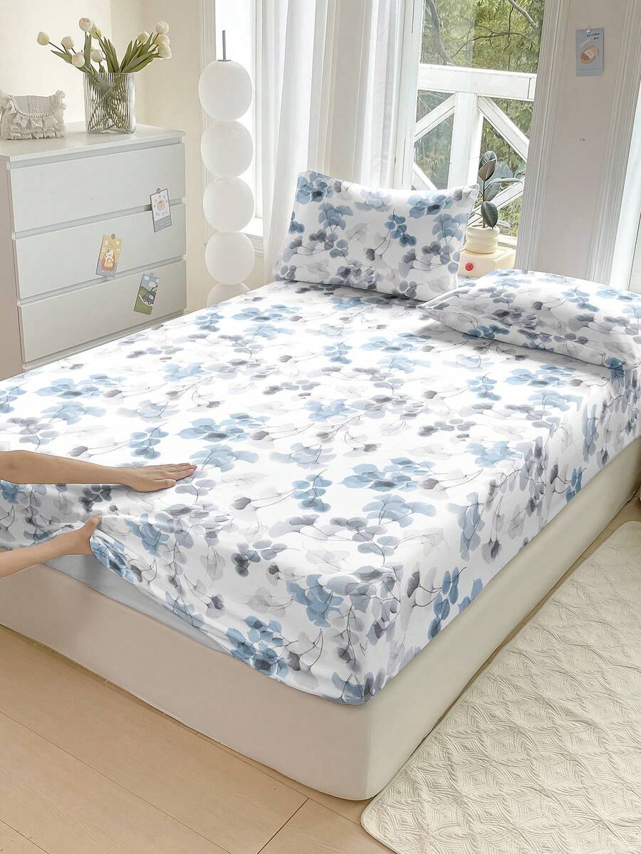 1pc Leaf Flower Print Bed Sheet, Bedding, Fitted Sheet, Mattress Cover, Soft And Comfortable Bedding For Bedroom Mattress Protector Fitted Bed Sheet Only, Machine Washable - Multicolor - View 1