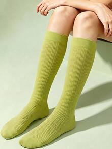 Calze da donna verde avocado con costine verticali fino al ginocchio, morbide e traspiranti, stile preppy JK dopamina - Verde - Visualizzare 1