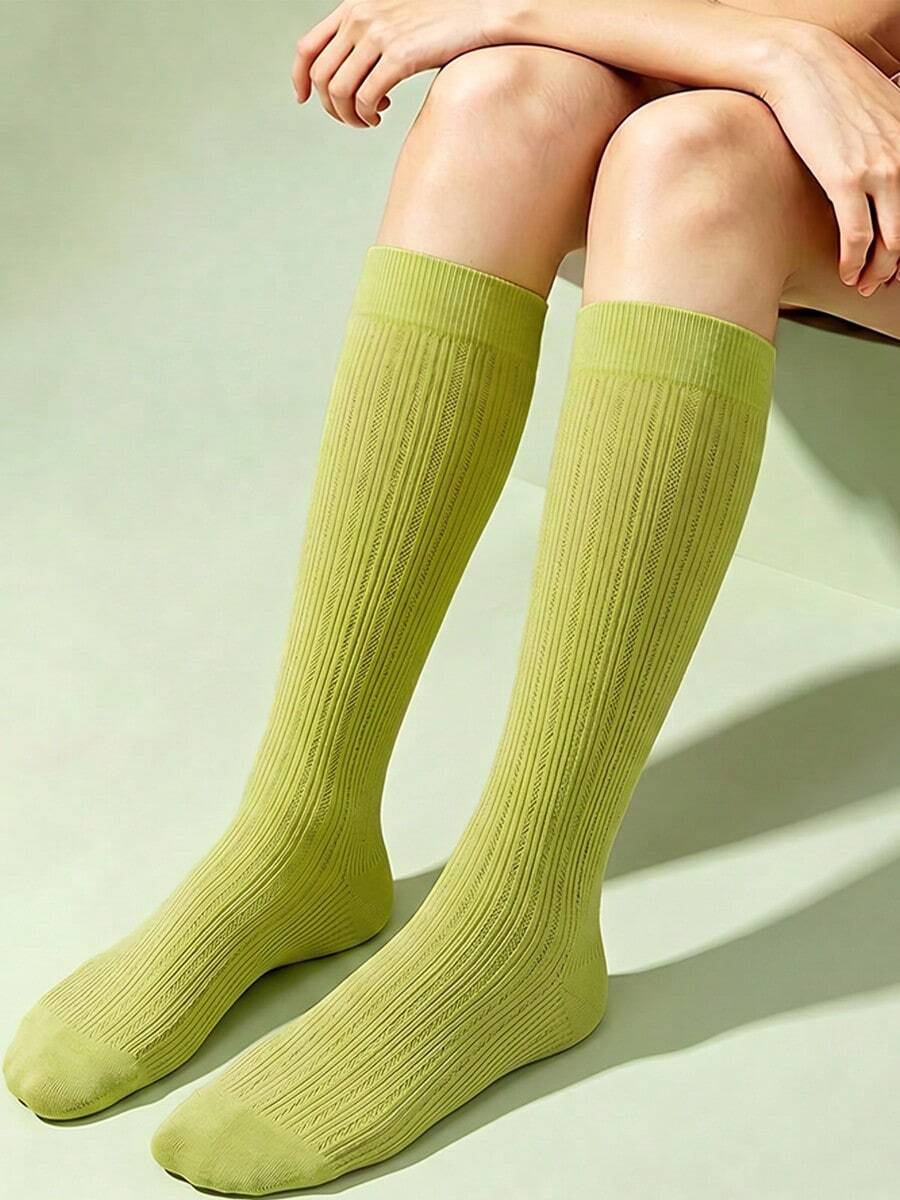 Calze da donna verde avocado con costine verticali fino al ginocchio, morbide e traspiranti, stile preppy JK dopamina - Verde - Visualizzare 1
