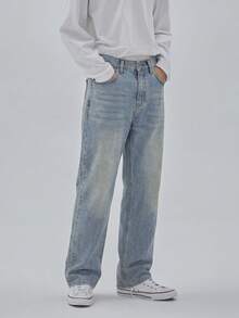Men's Vintage Distressed Blue Casual Denim Jeans, Soft Faded Wash Straight Leg Fit, Breathable Daily Commute Versatile Long Pants For Photography And Atmospheric Style - Medium Wash - View 2