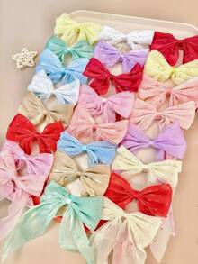 3/6pcs Random Multi-Color Rhinestone Glitter Mesh Bow Hair Accessories Set, Includes Long Sparkling Ribbon Bow Hair Clips And Solid Color Pearlescent Organza Multi-Style Hair Clips, Sweet Cute Versatile Hair Ornaments For Daily, Date, Sports, School And Casual Wear - Multicolor - View 5