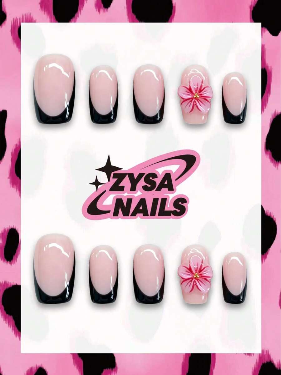 Zysa 10pcs High-Quality Square Handmade Nails Black French Manicure Press On Nails 3D Sculpted Nude Nails Short Nails Y2K Style Summer Nails, Daily Wear, Graduation, Travel, Holidays, Gifts Suitable For Parties And Music Festivals Back To School - Multicolor - View 1