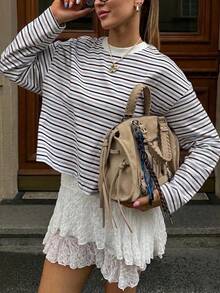 Women's Colorful Striped Long T-Shirt, Round Neck, Knit Fabric, Moderate Elasticity, Regular Length, Casual Top, All-Season Versatile Top White - White - View 4