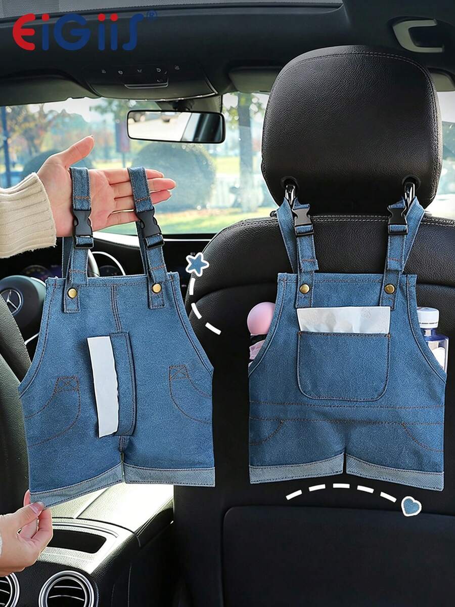 EIGIIS Car Tissue Box Storage Hanging Bag, Plush Tissue Cover, Suitable For Car Back Seat, Home Bathroom, Bedroom, Office Desk, Travel Car Storage Organizer Bag, Denim Overalls Style - A - View 1
