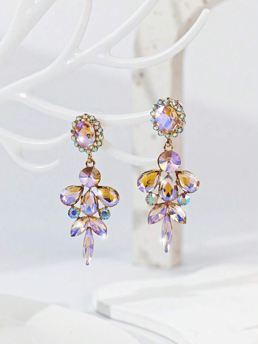 1 Pair Women's Teardrop-Shaped Colorful Floral Diamond Earrings Suitable For Outings (Card For Reference Only, Card Random) - Pink - View 1