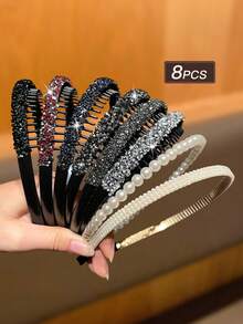 8pcs Shiny Rhinestone & Faux Pearl Toothed Headband Set, Non-Slip Toothed Rhinestone Headbands, Women's Daily Party Hair Accessories, Summer Hair Accessories, School Supplies, Beach Supplies, Summer Essentials, Holiday Must-Haves - Multicolor - View 6