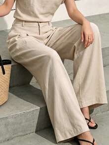 Fall Women High Waist Pleated Linen Blend Wide Leg Pants, Button Zip Solid Casual Trousers With Pockets - Apricot - View 8