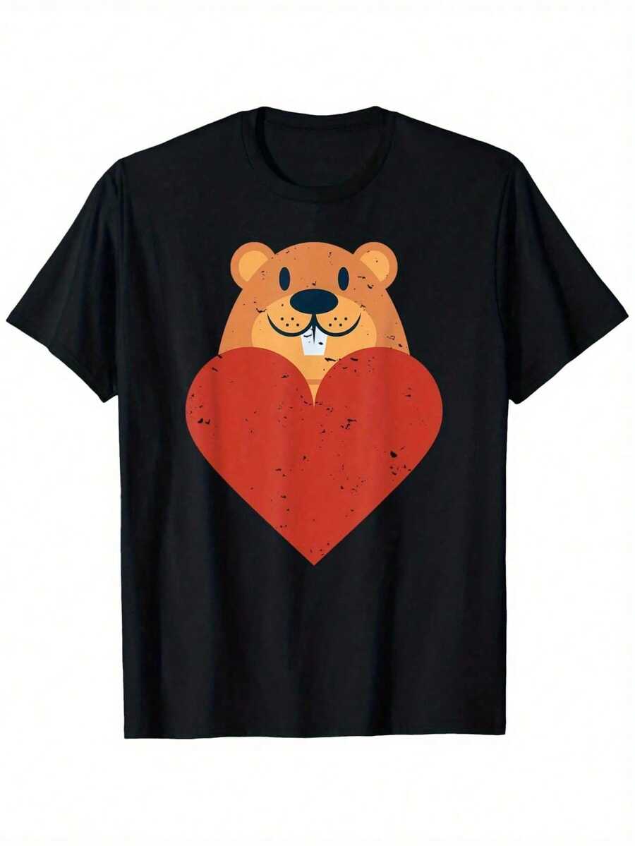 Men's Valentine's Day Beaver Hugging Heart Pattern T-Shirt- Cute Brown Beaver Red Heart Print Shirt- Boyfriend Gift, Date Outfit, Casual Top- Funny An - Svart - Visa 1