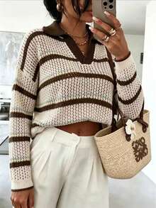 Women's Bohemian Style Striped Hollow Knit Pullover Sweater, Long Sleeve, V-Neck, Lapel, Suitable For Autumn/Winter - Khaki - View 3
