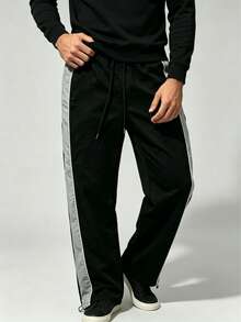 1pc Regular Length Quick Dry Adjustable Cuff Side Stripe Black Grey Woven Wrinkle Resistant Outdoor Sports Trousers - Black - View 10
