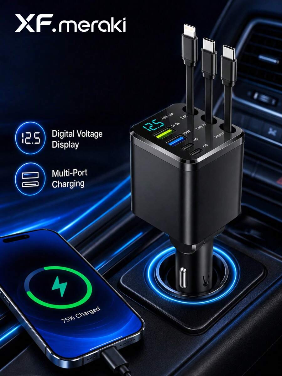 XF.Meraki 7合1車用充電器,100W快充,附70cm延長線,內建180°可調式Type-C/iOS介面與80cm延長線,多功能車用充電器,汽車配件 - 七合一可伸縮車用充電器(C+L) - 查看 1