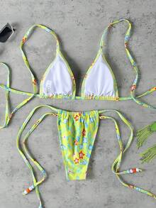 女款優雅春夏海灘度假黃綠色花卉印花性感掛脖休閒比基尼套裝，高彈性泳衣 - 彩色 - 查看 4