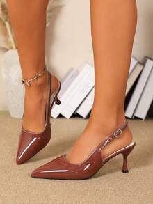 Zapatos de tacón alto con punta negra para mujer, tacón fino, nuevo estilo 2025, hebilla pequeña elegante, zapatos sexys, sandalias de estilo francés para ir al trabajo - Marrón - Ver 3