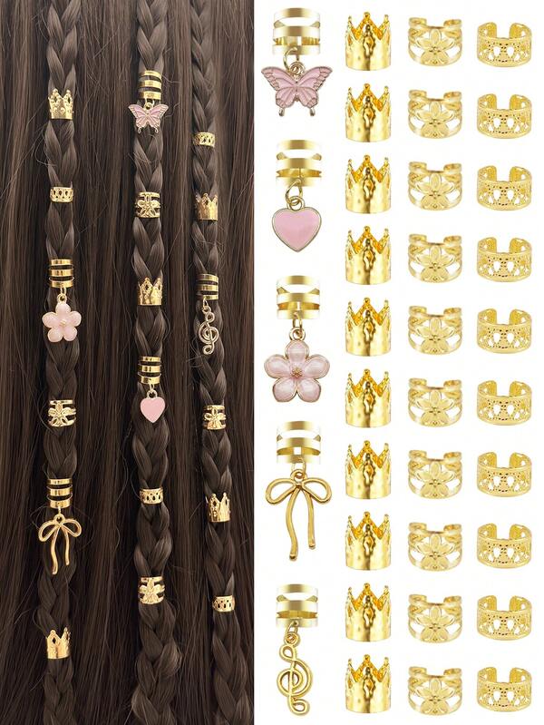 35 pièces Anneaux de cheveux à vagues florales, avec papillon coloré et camélia, bandeaux de cheveux ajustables de formes multiples, accessoires de cheveux pour dreadlocks pour femmes
