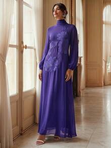 Savoree Women's Floral Applique Turtleneck Elegant Long Sleeve Dress - Purple - View 2