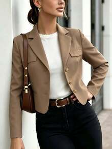 Elegant Women's Beige Polyester Long Sleeve Lapel Blazer, With Button Details, Regular Length, Suitable For Autumn/Winter Wear - Camel - View 7