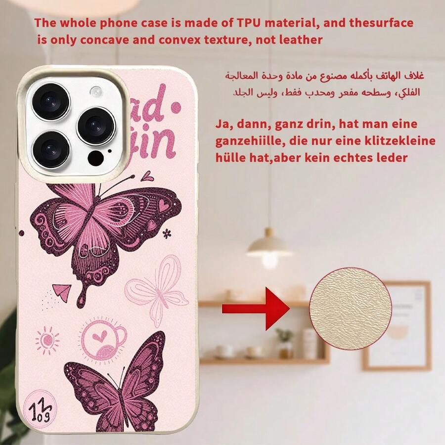 [24h Shipping From DE/FR/ES]Apple 17 16 15 Promax  21 22 23 24 25 26 Ultra Galaxy Phone Case: For 17 Pro Max Ivory White Lychee Texture With Large Hole, Modern INS Style Creative Butterfly Pattern 2D Flat Design.Also For 11/12 Pro Max/13/14 Pro/15 Plus/16 Pro Max/7/X/XR/XS Max.A Stylish Phone Case, The Perfect Gift For Friends, Wives, And Husbands - 1 Piece Of Picture Color - View 1