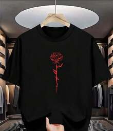 Camiseta de Hombre con Diseño  - Estampado rosa roja   Tejido de Poliéster Suave y Transpirable, Cuello Redondo para Atuendo Casual y Regalo de Ropa T - Negro - Ver 1