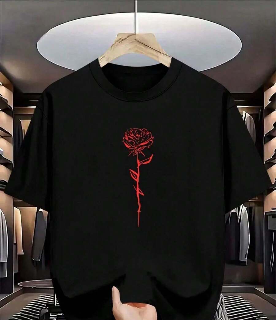 Camiseta de Hombre con Diseño - Estampado rosa roja Tejido de Poliéster Suave y Transpirable, Cuello Redondo para Atuendo Casual y Regalo de Ropa T - Negro - Ver 1