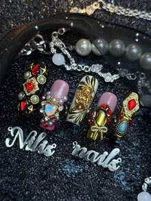 10pcs Handmade Fully Covered Long Square Nails Press On Nails, Golden, Black, Silver And Other Colors Of Nails, Y2K Baroque Retro And Noble Style,Reusable,Suitable For Tea Party,Wedding Cosplay,Club Night,Daily Styling,With Jelly Glue And Nail File - Multicolor - View 4