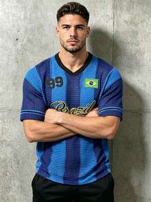 Spring/Summer New Vintage Sports Jersey Small V-Neck Striped Short Sleeve T-Shirt Top - Blue - View 2