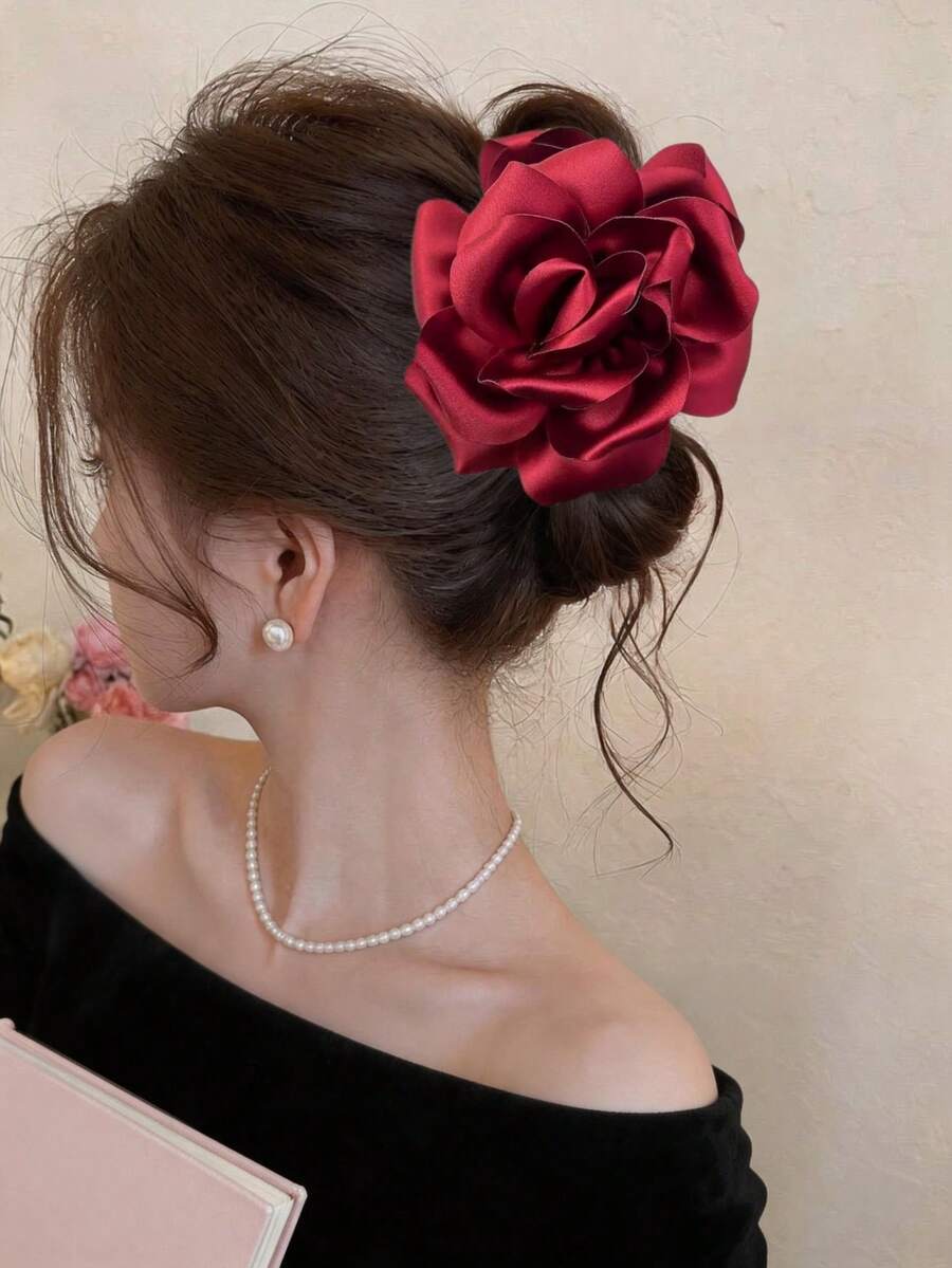 1件女款甜美優雅布藝花卉髮夾，適合日常佩戴與度假 - 紅色 - 查看 1