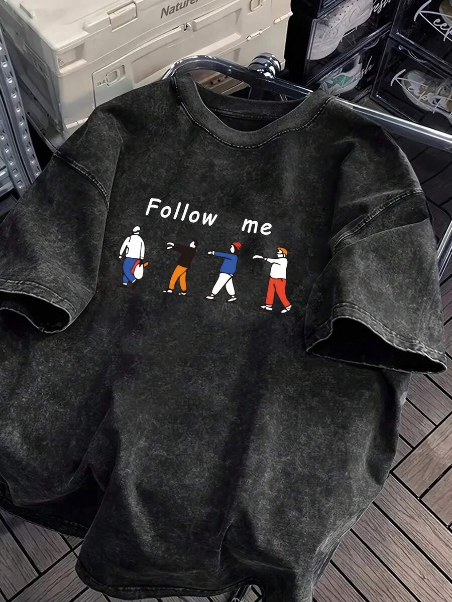 Camiseta de Cuello Redondo para Hombre, Estampado de Personaje de Dibujos Animados "Follow Me Letter", Manga Caída, Estilo Vintage, Algodón Puro Lavado, de Alta Calidad, Gruesa, Oversize, co - Negro - Ver 1