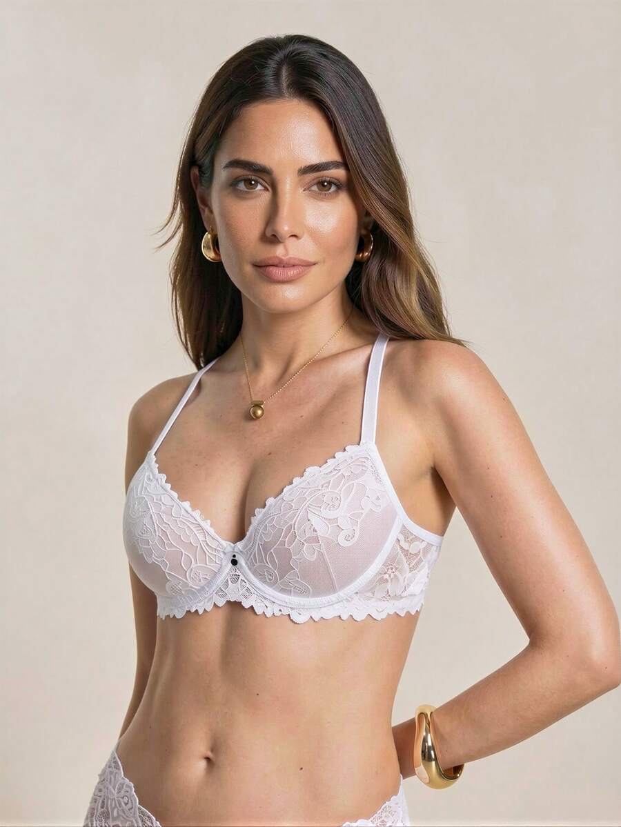 Floral Lace Underwire Bra Lingeriefor Summerfor Summer - White - View 1