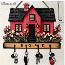 2D Flat, 1pc Cute Wooden Multifunctional House-Shaped Key Holder With 4 Metal Hooks, Suitable For Wall Decor, Porch Decor, Room Decor, Villa Decor, Home Decor All Seasons, 2D Flat - Multicolor - View 22